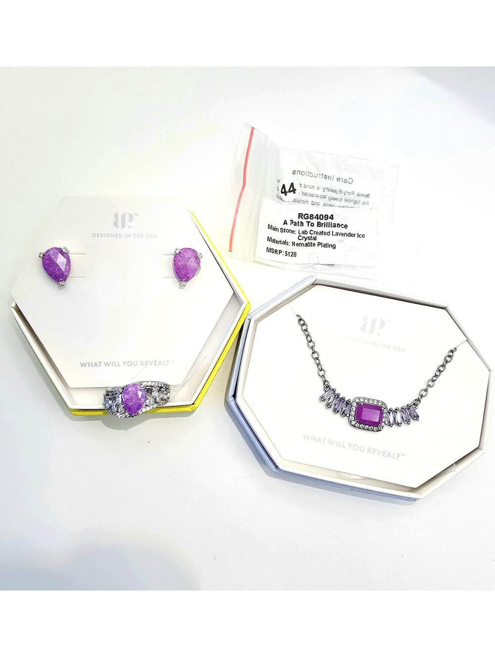 Bomb Party Jewelry Bundle BP Lavender Amethyst Necklace Earrings Ring Size 6